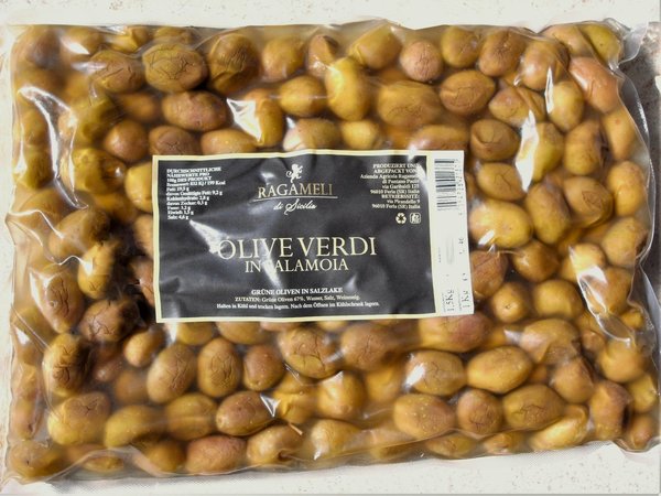 Oliven grün eingelegt in Salzlake aus Sizilien 1500 g / Abtropfgewicht 1000 g